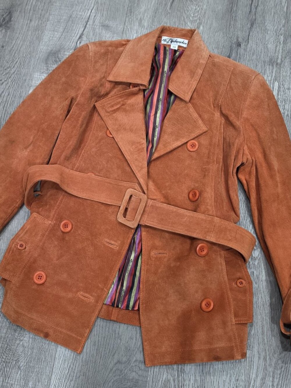 Bushwacker XS Rust Suede Leather Double-Breasted Coat with Belt 100% Pig Suede